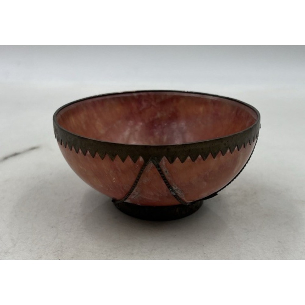 Antique Chinese Pink Crystal Soapstone Dragon & Phoenix Brass Bowl Home Decor